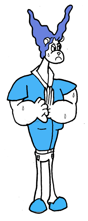 A tall, extremely muscular sweaty dog woman with wavy blue hair that points in two directions, almost like a triangle. She looks angry.